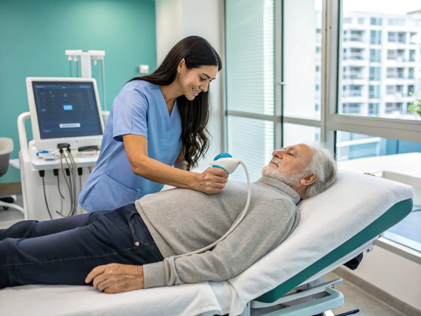 A physiotherapist administering shock wave therapy to a patient's shoulder, showcasing the advanced technology used at Denovo Physio & Rehab for effective pain relief.