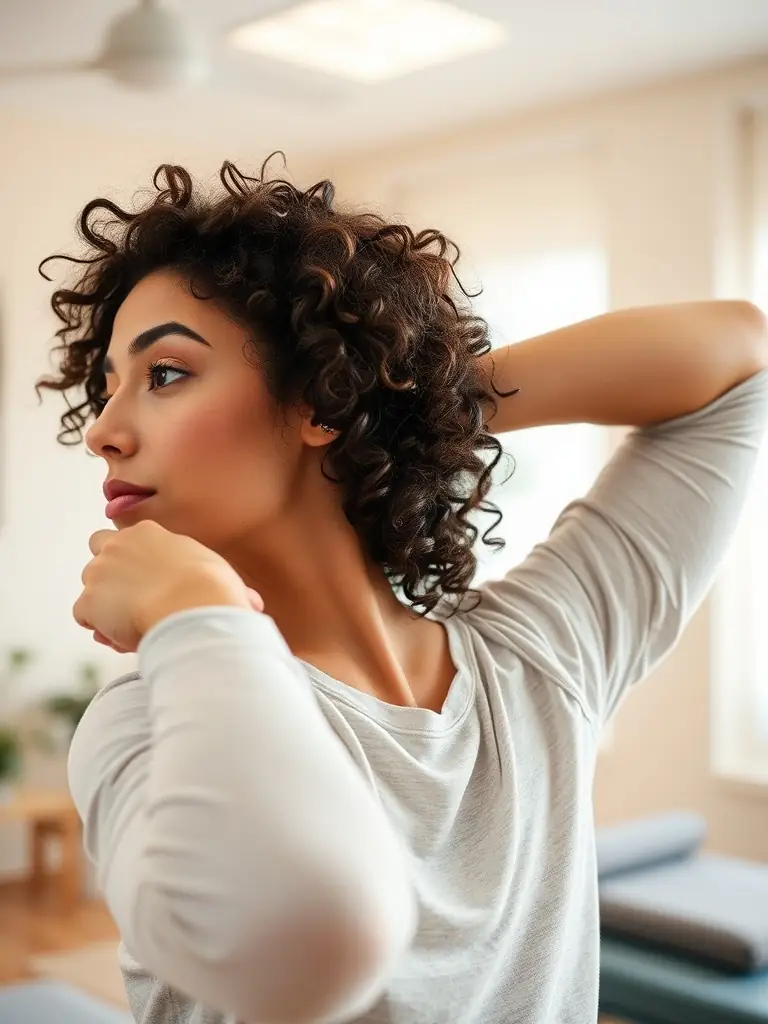 A person performing a gentle neck rotation exercise, slowly turning their head from side to side. The image should emphasize a relaxed posture and controlled movement.