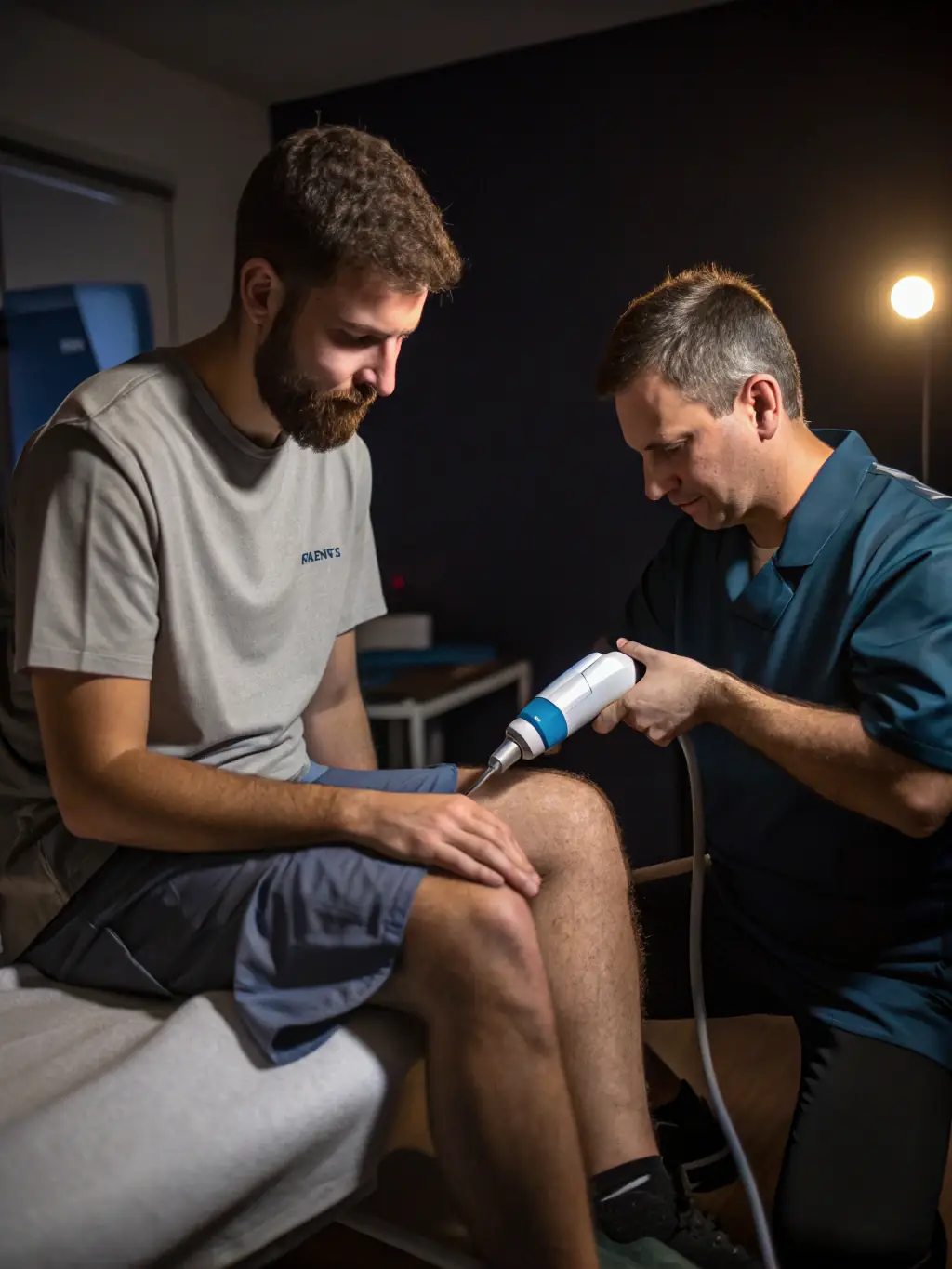 A physiotherapist applying shockwave therapy to a patient's shoulder in a modern clinic setting. The image should convey precision and advanced technology.