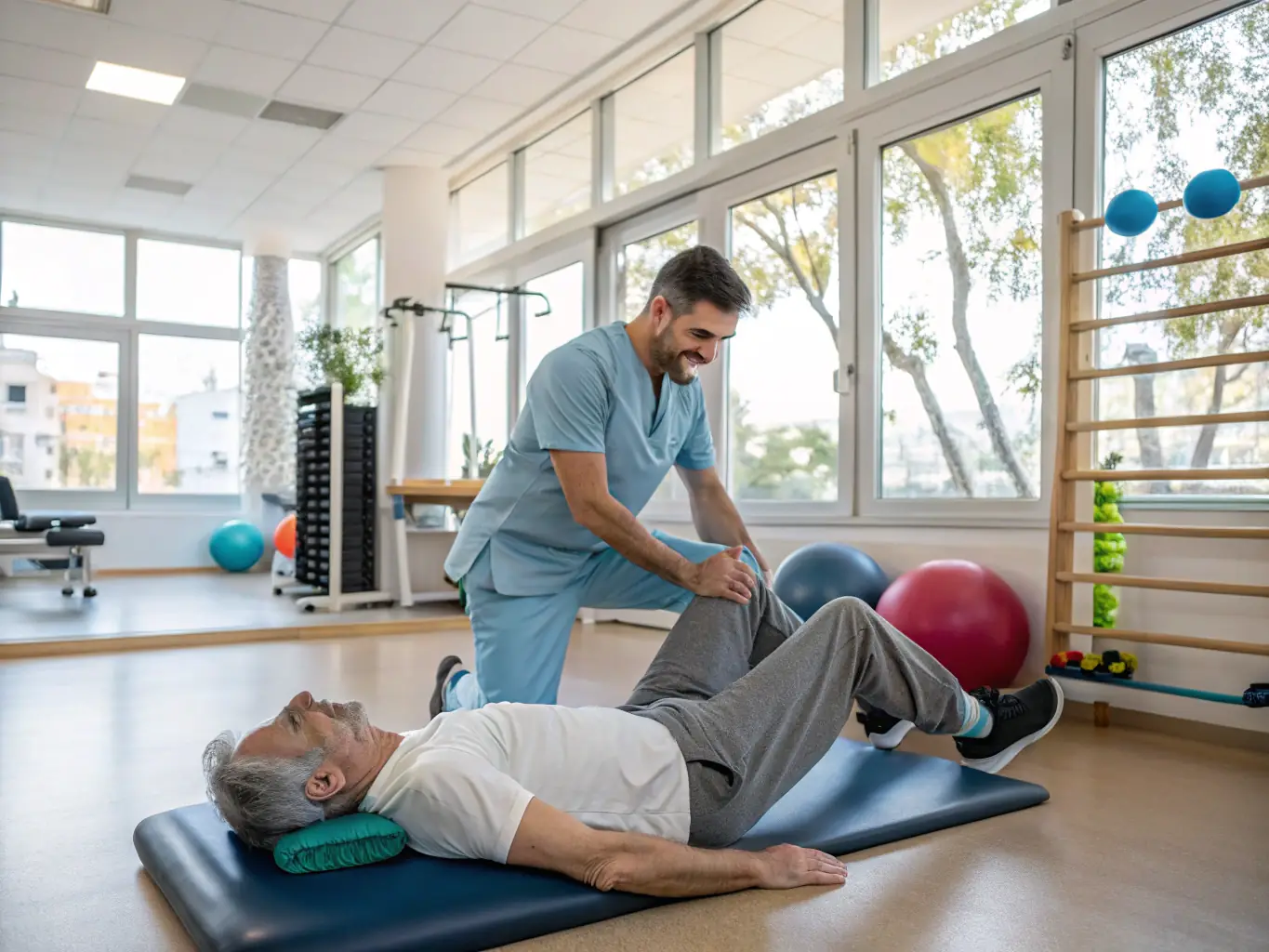 A physiotherapist guiding a patient through a personalized 1-1 rehabilitation exercise, emphasizing the individualized care provided at Denovo Physio & Rehab.