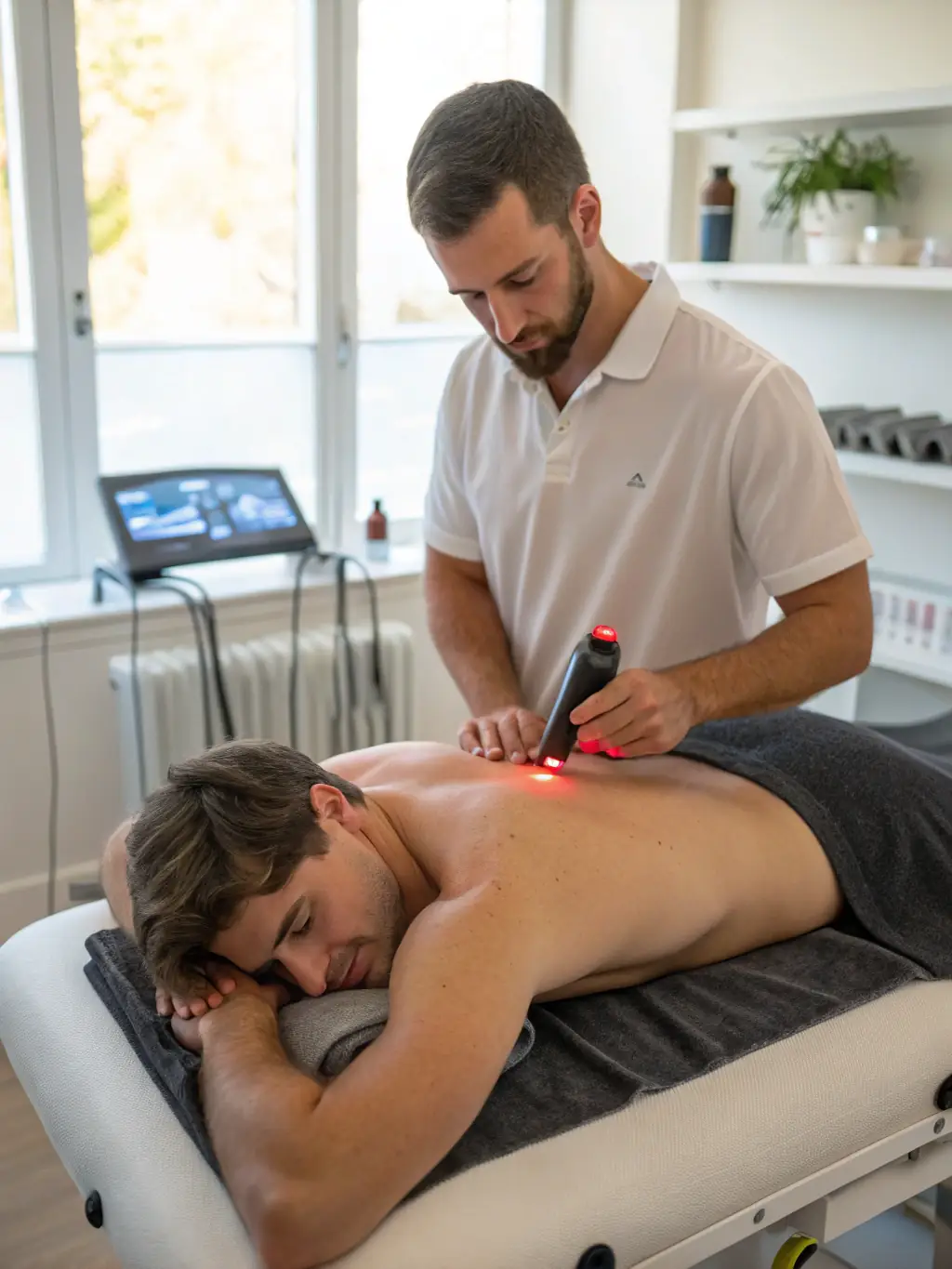 A physiotherapist administering laser therapy to a patient's back. The image should convey the non-invasive nature and precision of laser therapy.