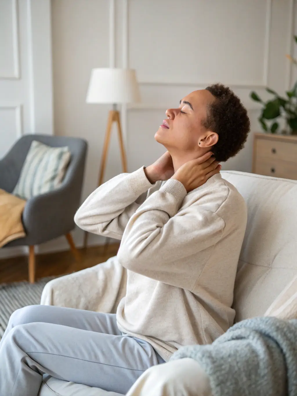 A person gently stretching their neck, with a focus on the muscles being targeted. The background is a calming, neutral color.