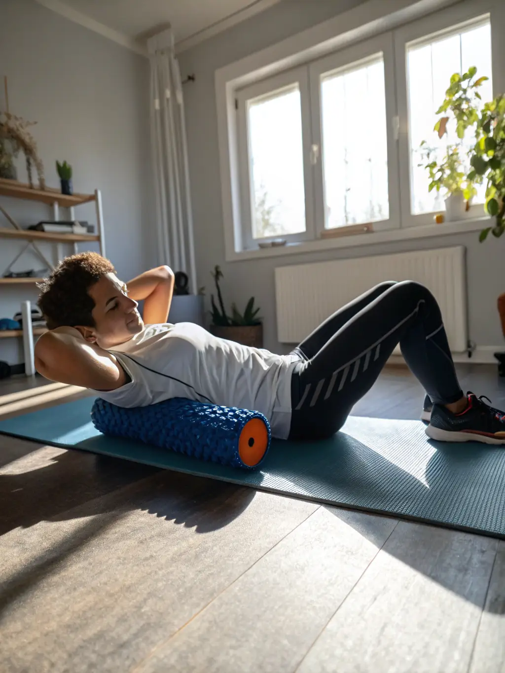 A person using a foam roller on their back, highlighting the benefits of self-massage for muscle recovery and pain relief.