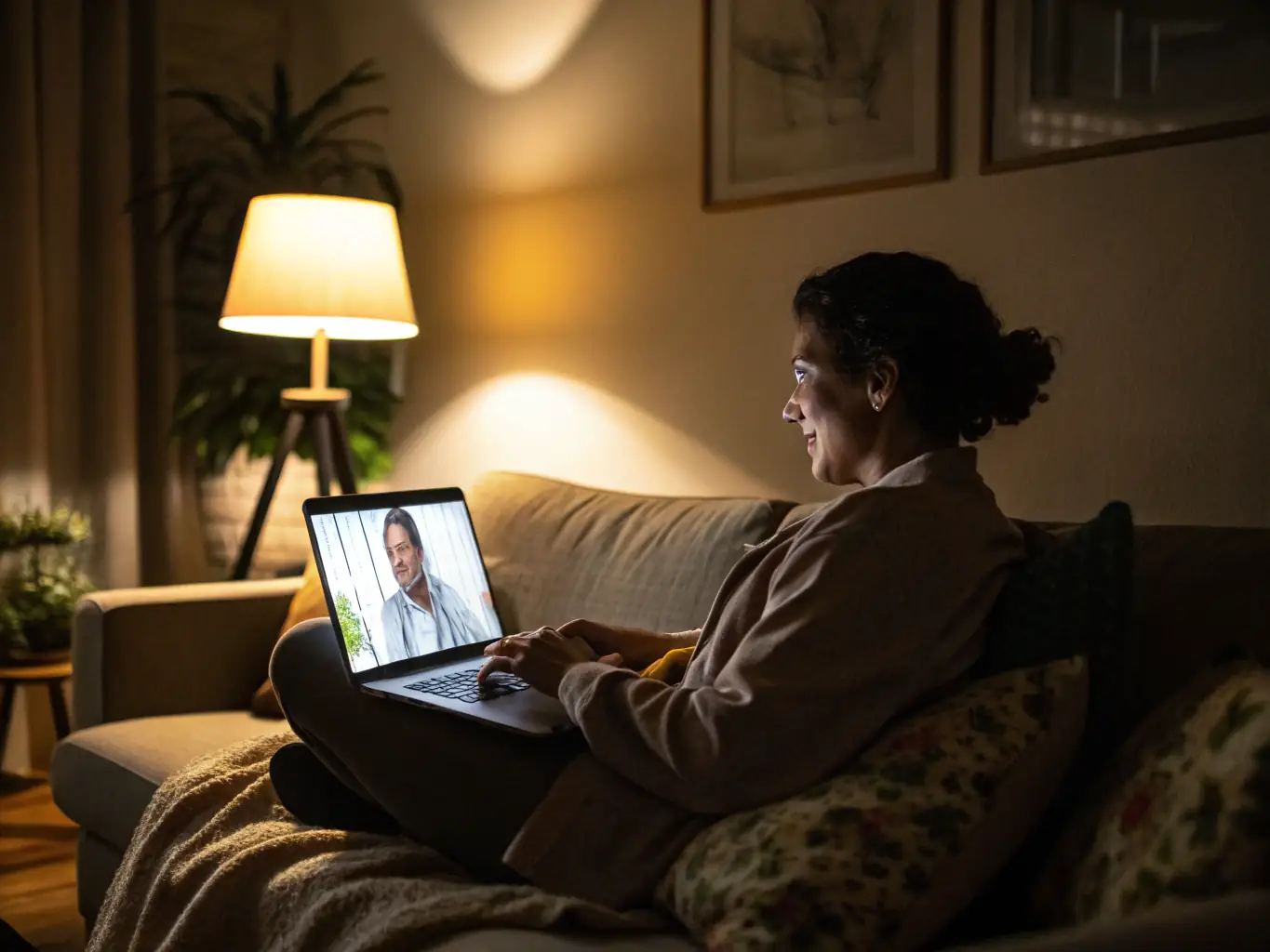 A person participating in a virtual physiotherapy session on a laptop, with a physiotherapist guiding them through exercises. The setting is a comfortable home environment.