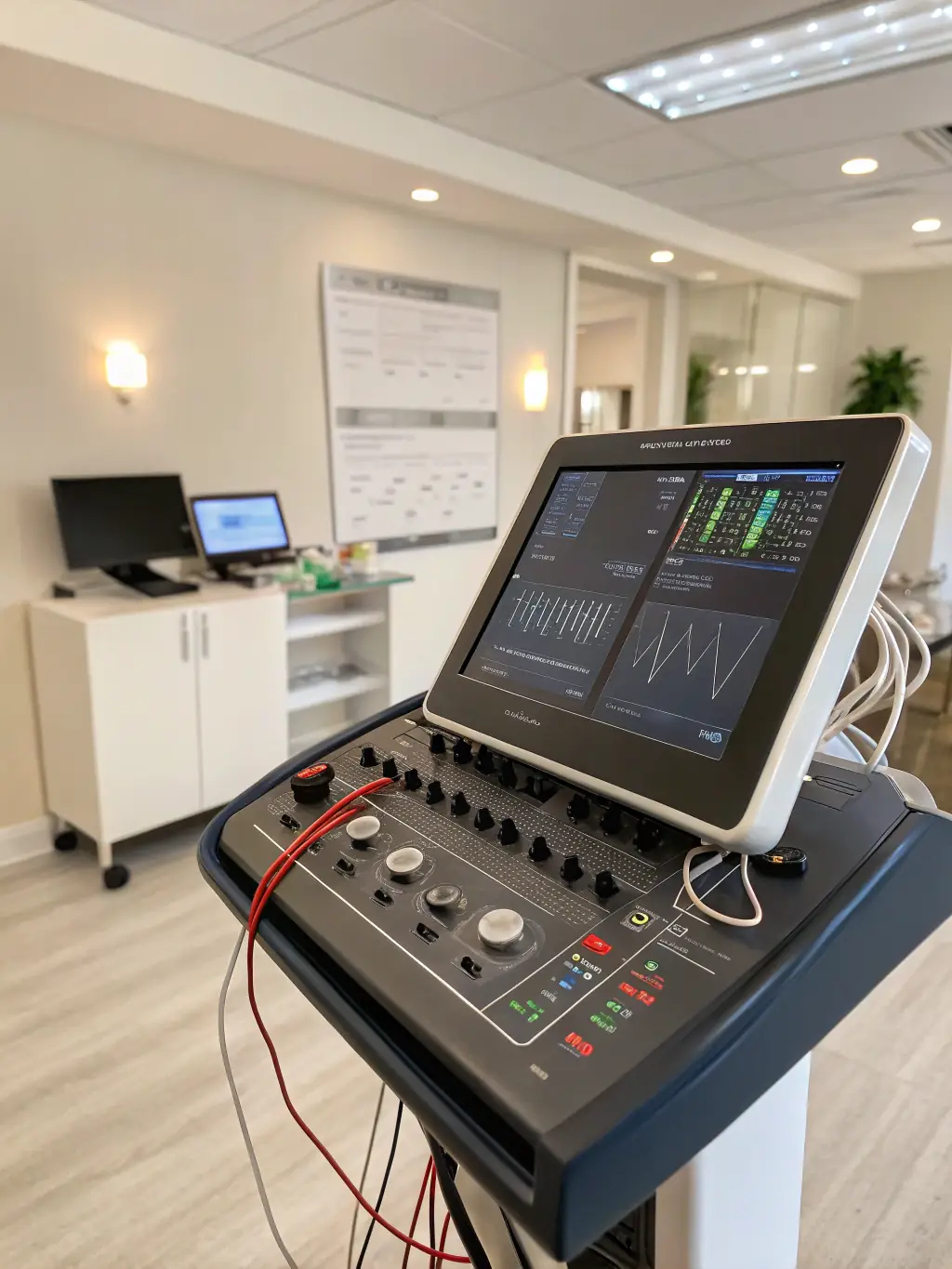 A close-up of EMG equipment being used to assess muscle activity in a patient's arm. The image should highlight the diagnostic capabilities of EMG.