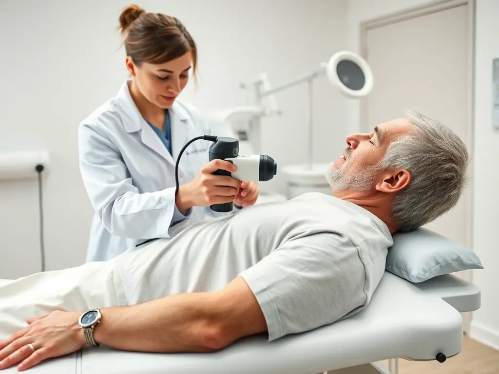 A physiotherapist using a shockwave therapy device on a patient's shoulder. The device is connected to a control panel, and the patient is sitting comfortably.