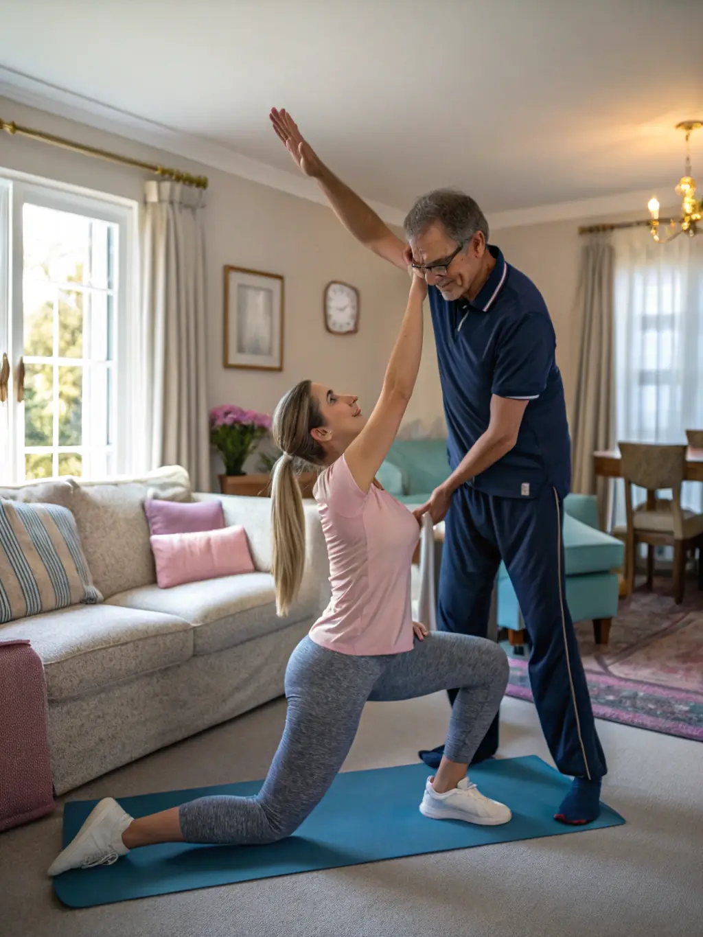 A physiotherapist smiling and assisting a patient with an exercise in a modern, well-lit clinic setting. The focus is on the therapist's expertise and the patient's comfort.