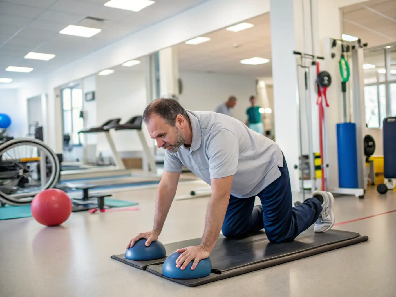 A physiotherapist guiding a patient through a series of exercises in a modern rehabilitation gym. The patient is performing a squat with proper form, while the physiotherapist provides verbal cues and support.