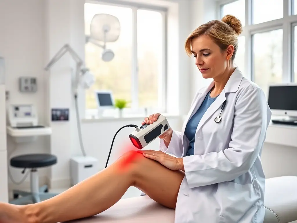 A physiotherapist administering laser therapy to a patient's lower back in a modern clinic setting. The laser device emits a red light, and the patient appears relaxed and comfortable.