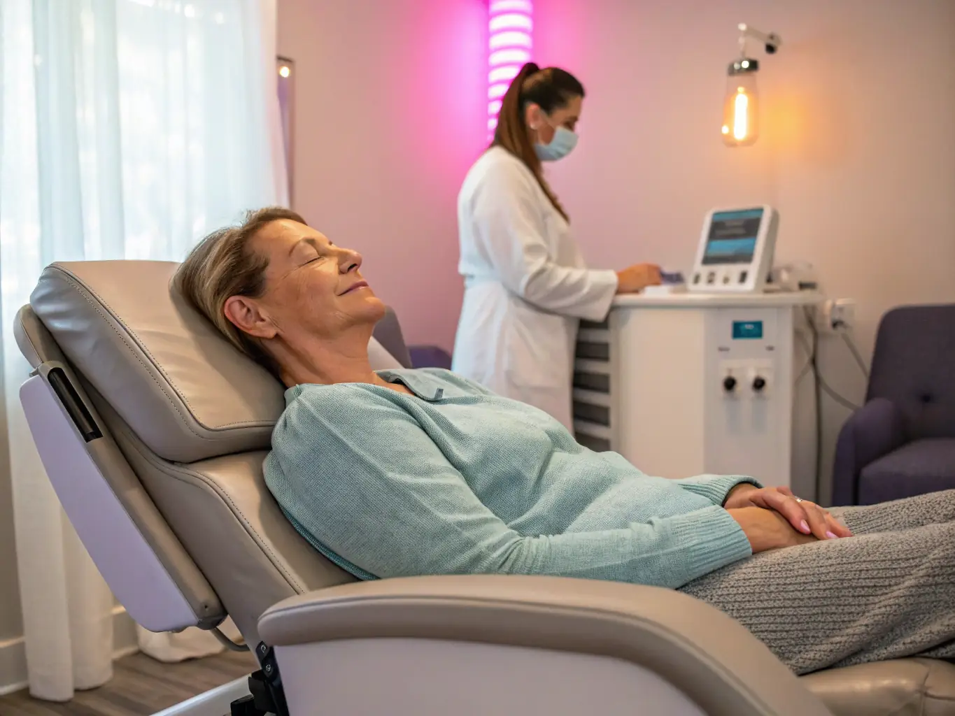 A patient receiving Chattanooga Neo Electrotherapy with electrodes placed on their arm. The patient is relaxed, and the therapist is monitoring the device.