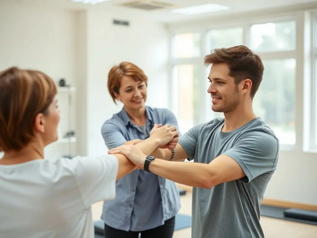 A physiotherapist gently guiding a patient through an exercise, demonstrating the clinic's caring and patient-focused approach.