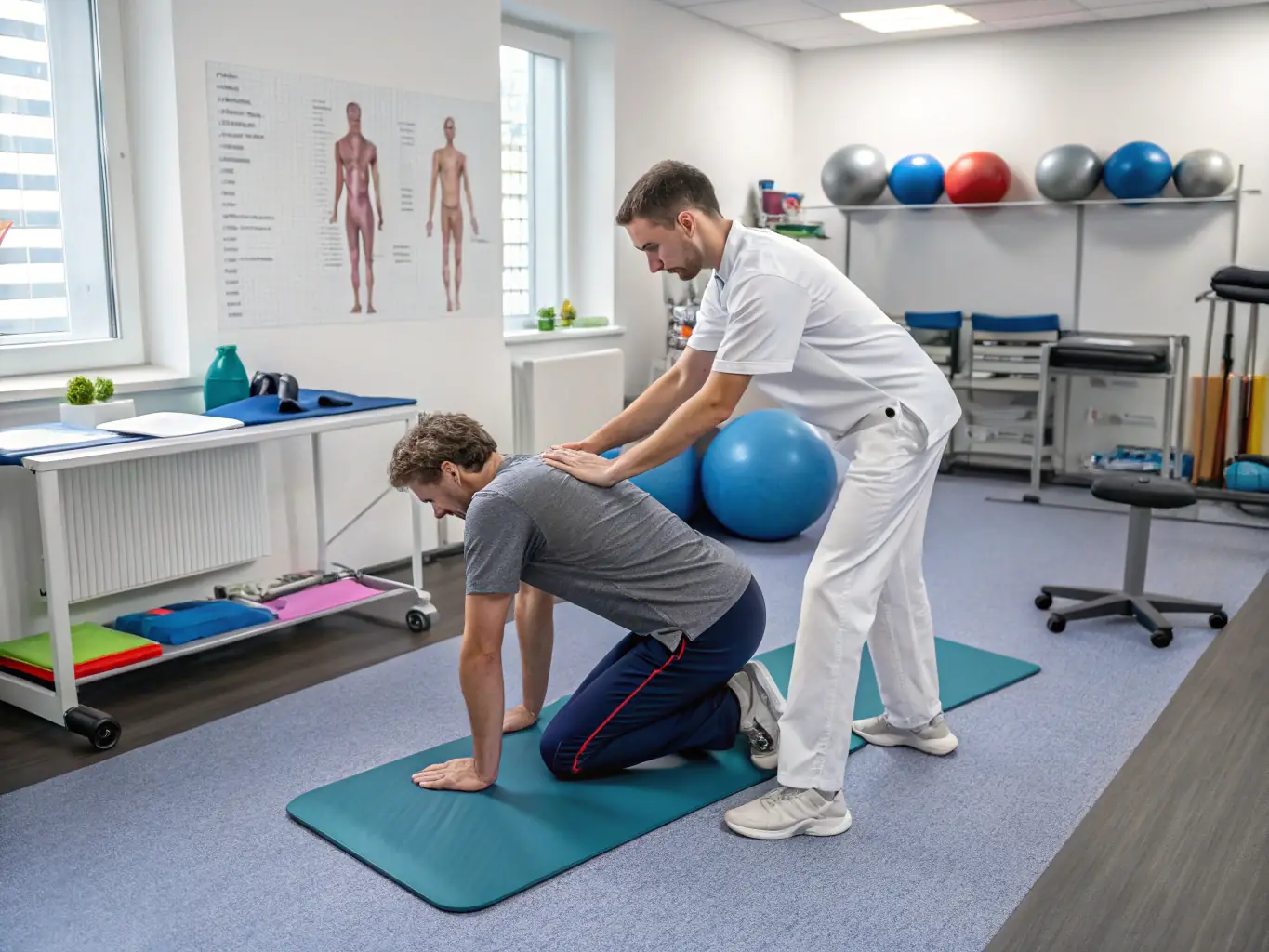 A physiotherapist conducting a virtual consultation with a patient via video call. The patient is demonstrating a range of motion exercise, while the physiotherapist observes and provides feedback.