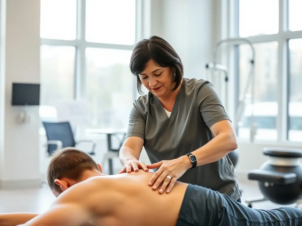 A physiotherapist performing a manual assessment on a patient's shoulder in a well-lit clinic room. The physiotherapist is gently palpating the shoulder joint, while the patient sits comfortably on an examination table.