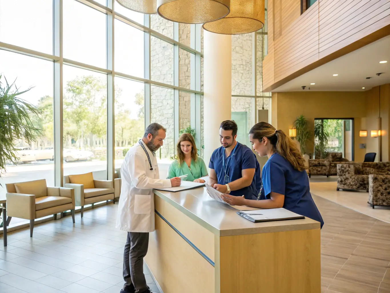 A diverse team of physiotherapists in a modern clinic setting, collaborating on a patient's treatment plan, showcasing their expertise and teamwork.