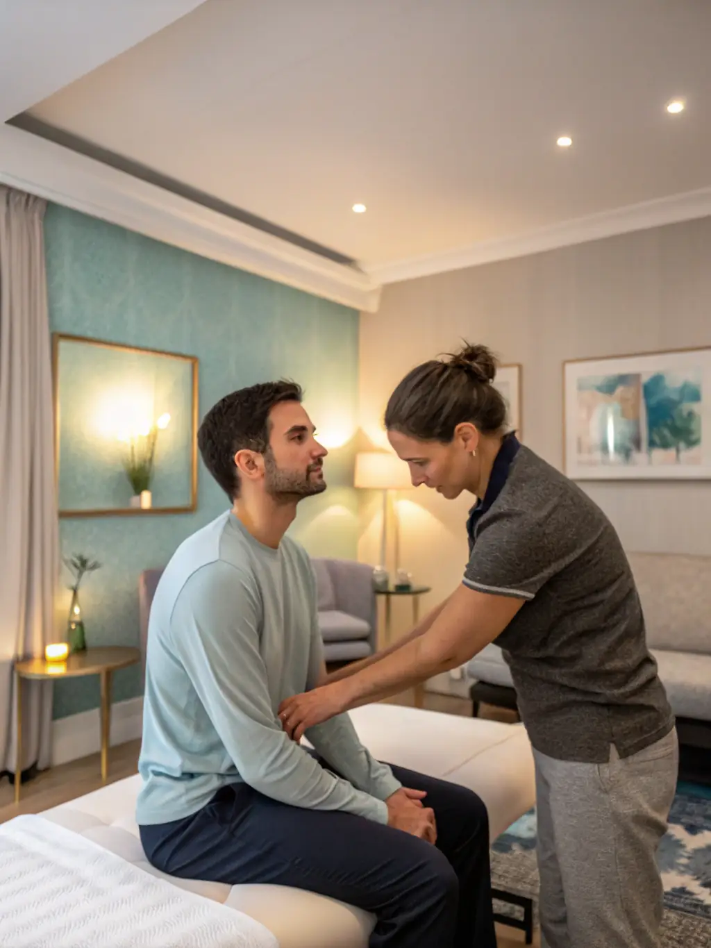 A physiotherapist creating a treatment plan with a patient, using a tablet to show diagrams and explain the process. The scene emphasizes personalized care and patient involvement.