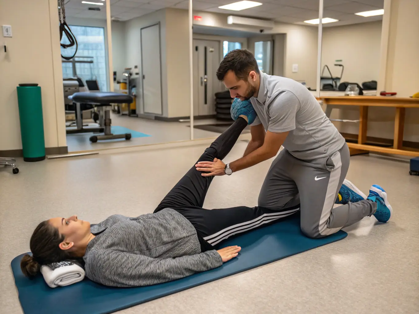 A patient performing a prescribed stretching exercise for plantar fasciitis at home, guided by instructions from their physiotherapist. The image emphasizes the importance of home exercises.