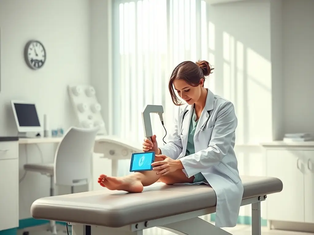 A patient receiving shockwave therapy on their heel, with a physiotherapist operating the device. The image highlights the advanced technology used in the treatment.