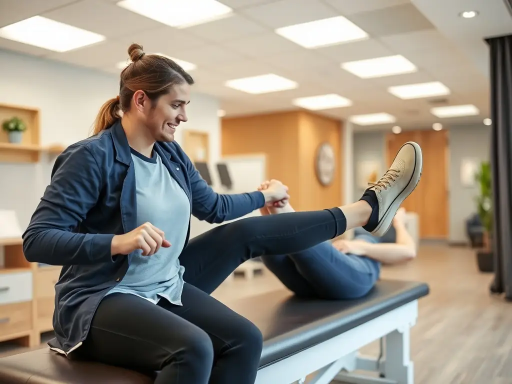 A physiotherapist demonstrating manual therapy techniques on a patient's foot, focusing on the plantar fascia. The setting is a modern physiotherapy clinic with professional equipment.