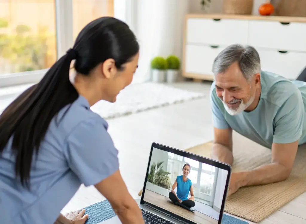 A physiotherapist providing treatment to a patient in their home via video – Denovo Physio virtual visit